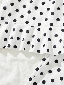 SHEIN 2pcs Girls Casual Sleeveless Polka Dot Top And Wide Leg Pants Set, Summer Outfit With Droplet Buttons, Ruffle Hem, Relaxed Fit For Beach, Vacation - White - View 5