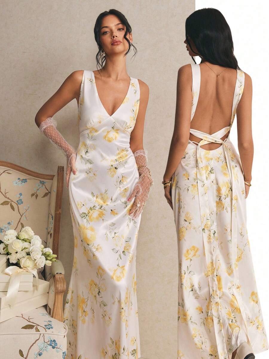 Poéselle 女士印花V领无袖优雅长裙 - Butter Yellow - 查看 1