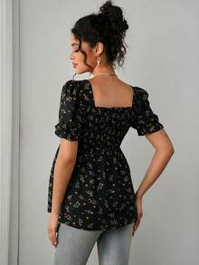 Momance Blusa elegante de maternidad con estampado floral diminuto y ajuste ceñido - Negro - Ver 2