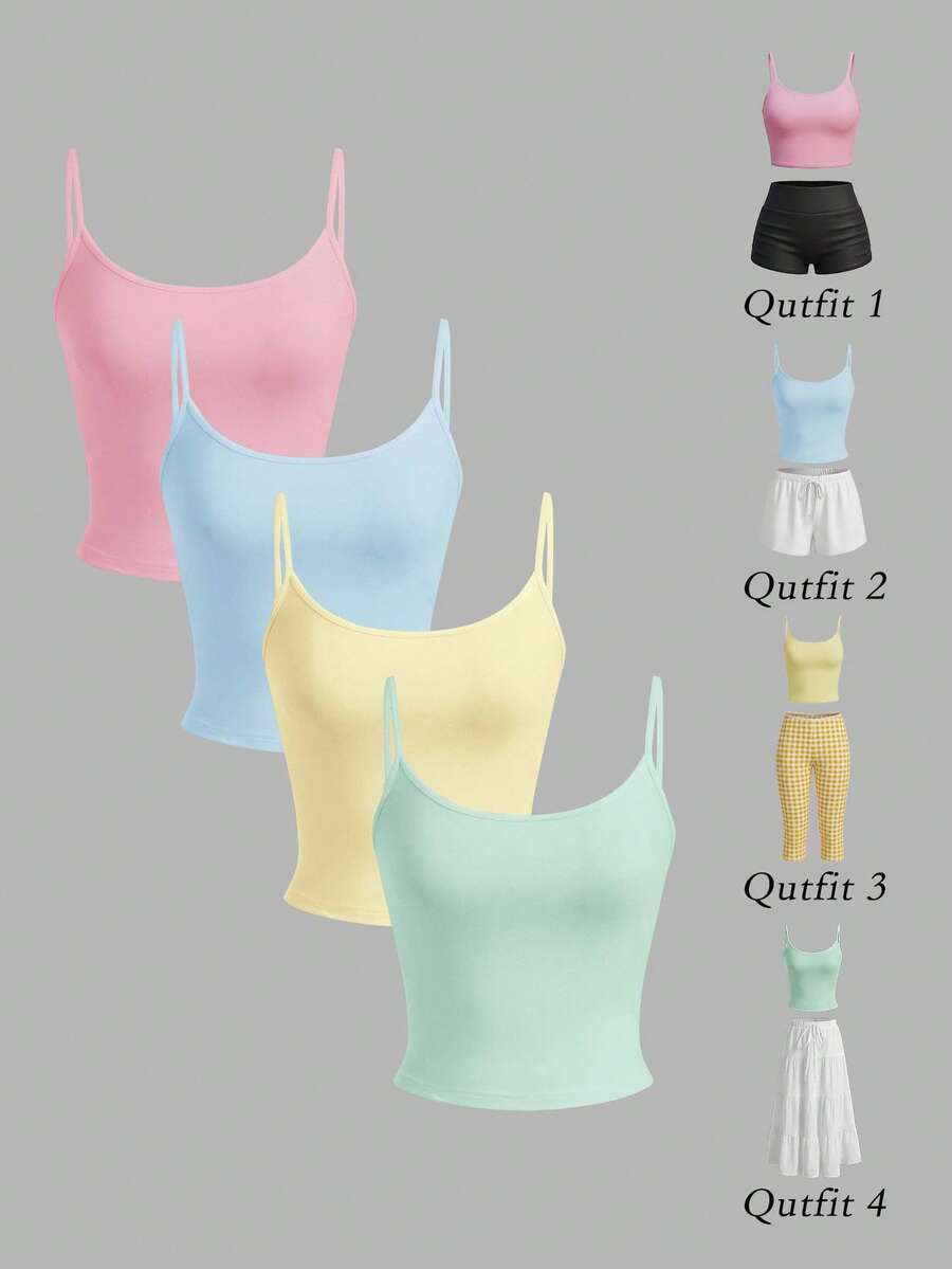 SHEIN EZwear 4 件套女士紧身短款休闲背心，粉色、蓝色、黄色、绿色，适合夏季 - 彩色 - 查看 1