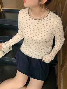 Dazy Plus White Round Neck Fitted Long Sleeve T-Shirt With Floral Patchwork And Contrast Color - Apricot - View 5