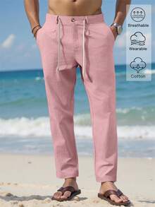 VENTUSAIL 男士纯色抽绳腰长裤，锥形修身亚麻长裤，清爽简约，适合外出和秋季穿着。 - 粉色 - 查看 3