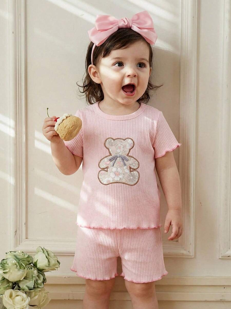Souflis Souflis Baby Summer Sets New Arrival Casual Bear Embroidered Pattern Squishy Cotton Knit Pink Cute Tops Pink Shorts - Baby Pink - View 1