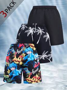 SHEIN 3件套青少年男童抽绳腰休闲沙滩短裤泳装套装 - 彩色 - 查看 2