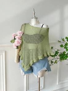 SHEIN EZwear 大码女式橄榄绿钩针编织披肩，荷叶边下摆，休闲半透明，适合外出和约会 - 橄欖綠 - 查看 5