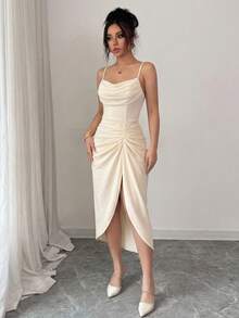 Elenzga 无肩带褶皱下摆开衩优雅浪漫修身连衣裙，女士款 - 杏色 - 查看 3