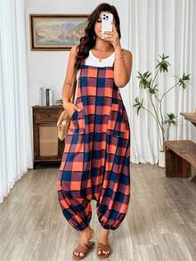 SHEIN LUNE CURVE Bộ áo liền quần dệt kim dáng rộng, thoải mái, có túi dành cho nữ, thích hợp cho kỳ nghỉ, có họa tiết kẻ caro. - trái cam - Xem 2