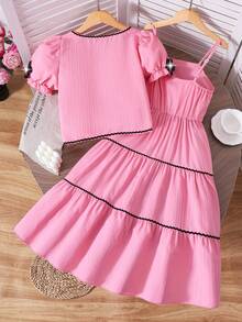 2pcs/Set Girls' Elegant Vacation Style Outfit, Solid Color Textured Puff Sleeve Shirt And Cami Dress Set, Contrast Floral Trim Design, Suitable For Spring/Summer Travel And Beach Wear - Hot Pink - View 2