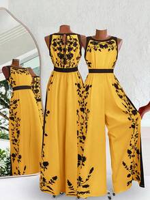 SHEIN Clasi Women's Elegant Backless Jumpsuit, Loose Fit Colorblock Printed Vacation Romper - Yellow - View 2