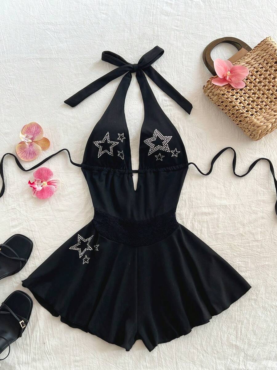 Elamini Bộ jumpsuit gợi cảm đính đá lấp lánh, dây mảnh, cổ chữ V xẻ sâu, thắt dây, thích hợp mặc đi club mùa hè, váy và áo liền quần cho nữ. - màu đen - Xem 1
