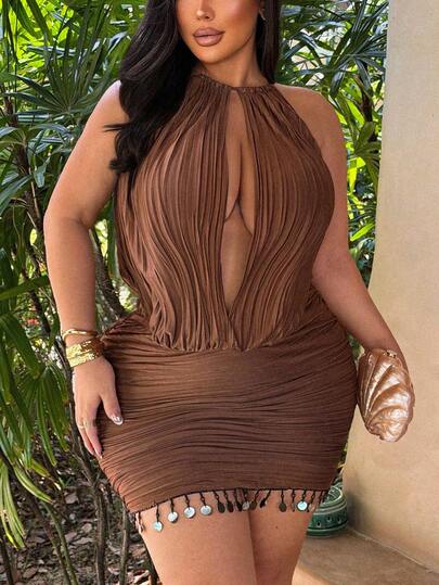 NU&NOW Sleeveless Brown Bodycon Sexy Mini Skirt, Deep V-Neck Sexy Party Minimalist Elegant Ultra-Short Bodycon Dress