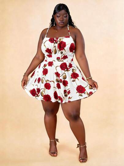 CurvyTilda 大码女式节日浪漫红色花卉图案细肩带露背 A 字迷你连衣裙，春夏时尚性感太阳裙，适合海滩、邮轮、情人节、狂欢节、复活节、中国新年