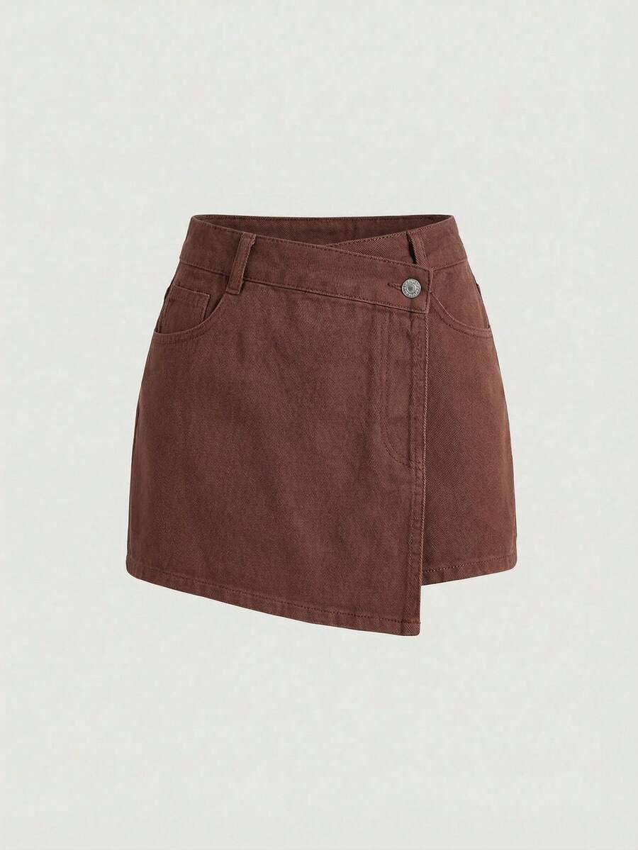Sweetra Quần short denim nữ màu trơn, kiểu dáng chéo, thích hợp cho mùa hè. - Cà phê nâu - Xem 1