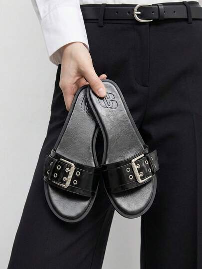 CUCCOO BIZCHIC 春夏新款户外女士平底拖鞋，圆头金属扣简约黑色凉鞋，女士厚底防滑休闲百搭沙滩鞋