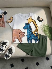 SHEIN Playful Pals 2件套幼儿男童可爱动物印花圆领短袖T恤和松紧腰短裤套装，白色T恤印有长颈鹿、斑马和狮子图案，搭配纯绿色短裤，可爱户外/休闲/运动套装，适合春夏季节，尺码6个月至3岁 - 軍綠色 - 查看 4