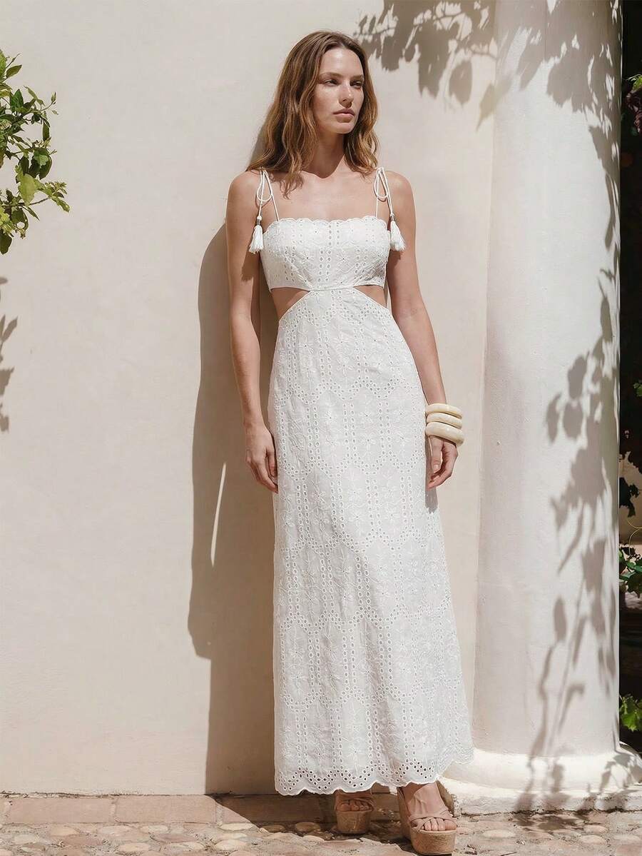 CielaLinda Women's Bohemian White Hollow Fabric, Hollow Waist Back Binding Sleeveless White Dress - White - View 1