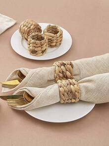 2-12个手工编织水葫芦餐巾环，乡村风编织餐巾架，适用于餐桌布置 - 杏色 - 查看 1