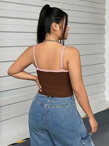 SHEIN EZwear Áo hai dây và áo tank top cỡ lớn màu nâu và hồng, họa tiết trái tim đan xen, thêu ren rỗng, thích hợp cho mùa xuân/hè, ngày Valentine. - màu nâu - Xem 8