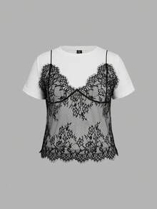 SHEIN MOD Áo thun ngắn cổ tròn ren tương phản 2 trong 1 màu trắng cỡ lớn, dành cho mùa hè - Đen và trắng - Xem 1