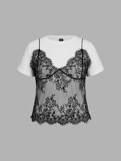 SHEIN MOD Camiseta corta de manga corta de talla grande de 2 en 1 con cuello redondo y contraste de encaje, para el verano