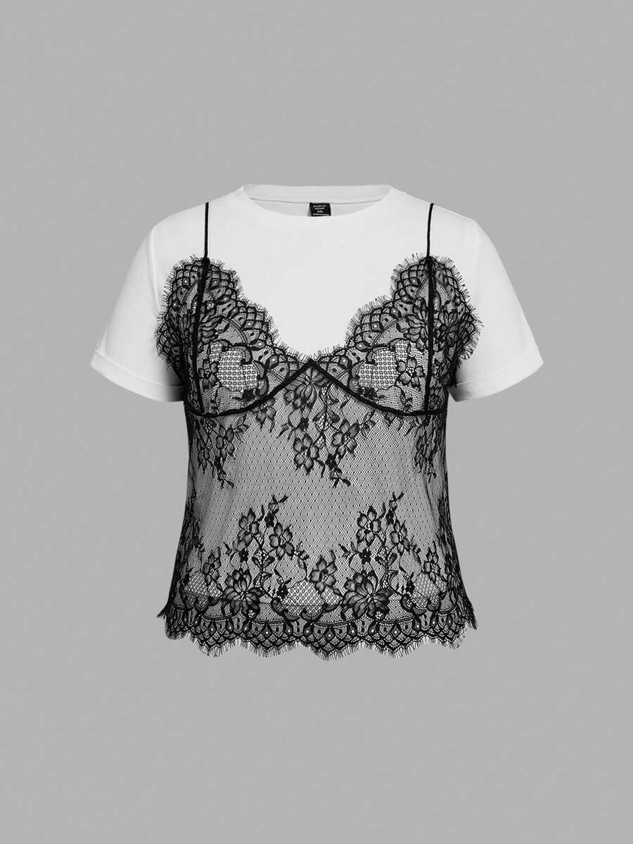 SHEIN MOD Áo thun ngắn cổ tròn ren tương phản 2 trong 1 màu trắng cỡ lớn, dành cho mùa hè - Đen và trắng - Xem 1