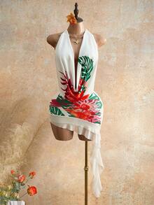 Mistrie Đầm maxi chiffon in họa tiết hoa nhiệt đới, cổ xếp ly, lưng hở, vạt bèo nhún bất đối xứng, phong cách Bohemian gợi cảm, thích hợp cho tiệc biển, mùa xuân/hè. - trắng - Xem 4