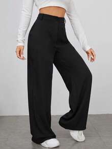 EURMUSE Petite Petite Größe Damen Highwaist schwarze einfarbige lange Lässig Hose mit Taschenelementen - Schwarz - Übersicht 5