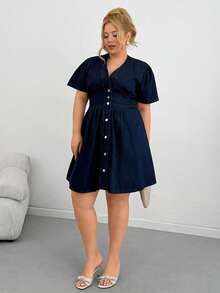 SHEIN Plus 100% Cotton Button Front Casual Denim Dress - Dark Wash - View 6