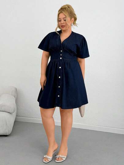 SHEIN Plus 100% Cotton Button Front Casual Denim Dress