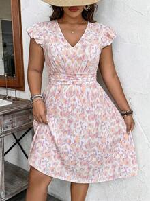 EMERY ROSE Plus Size Women's Floral V-Neck Cap Sleeve Ruched Waist Dress - Multicolor - View 4