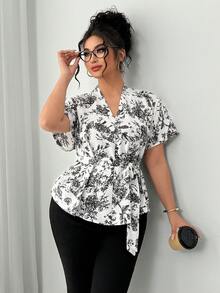 SHEIN Elenzya 大码女式V领印花短袖衬衫，腰部系带设计，春夏度假衬衫 - 彩色 - 查看 4