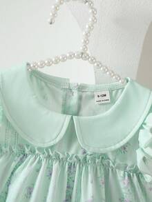 SHEIN Glamorique Kids 女婴优雅可爱刺绣彼得潘领背心短裤套装，适合夏季日常外出、度假和公园活动。 - 綠色 - 查看 7