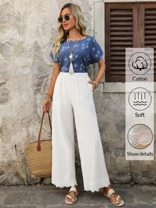 EMERY ROSE 女士纯色弹力腰带口袋阔腿宽松休闲裤 - 白色 - 查看 7