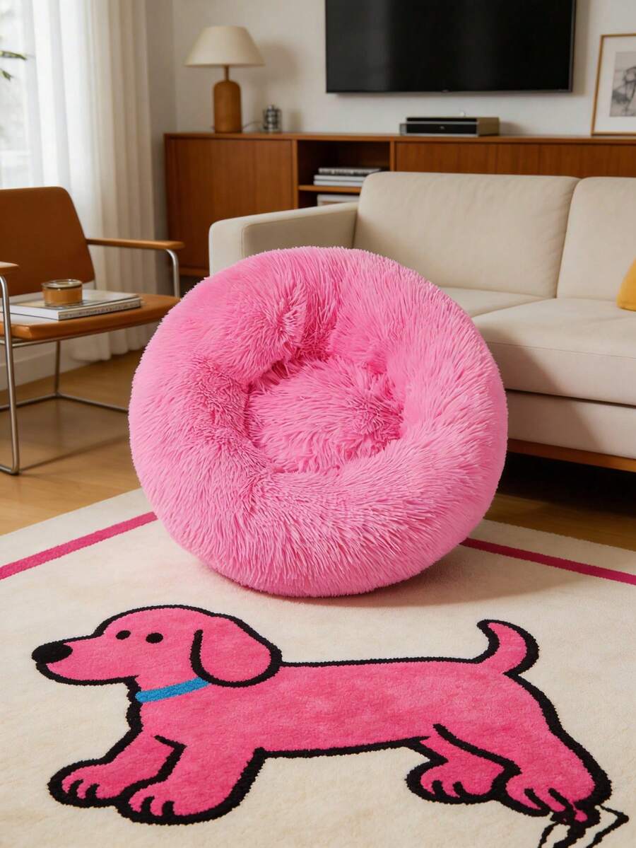 1pc HUITAIYANG Plush Solid Color Non-Detachable Pet Round Nest, Soft & Comfortable, Machine Washable Pet Bed Suitable For Cats & Small/Medium Dogs, For Daily Use & Outdoor Carrying - Hot Pink - View 1
