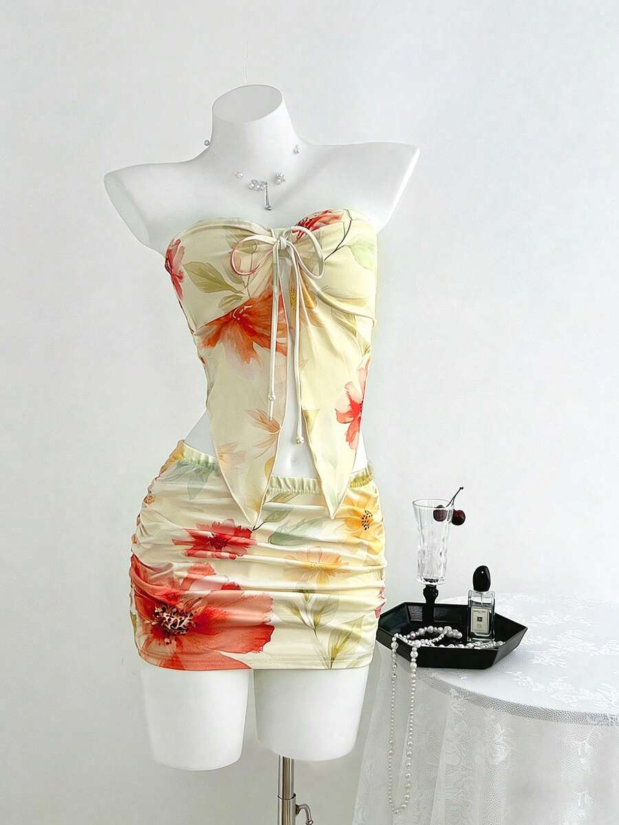 EgrlEra Island Vacation Romantic Floral Print Ruched Sexy Design Women's Bandeau Top And Mini Skirt 2 Pieces Set - Yellow - View 1