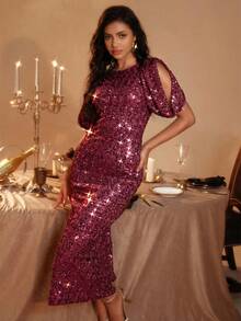 Glamine 女士优雅亮片中长连衣裙，夏季时尚派对装扮 - 酒紅色 - 查看 4