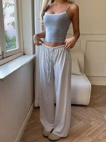 少女夏季休闲度假通勤撞色蕾丝修身短款吊带背心搭配条纹印花抽绳腰阔腿裤套装 - 灰色 - 查看 1