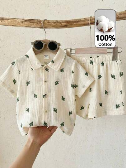 LMoss Kids 男婴可爱仙人掌印花衬衫套装，休闲舒适