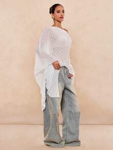 Lumalex 女士纯色不对称肩部休闲沙滩罩衫 - 白色 - 查看 8