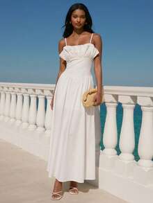 Enchnt Summer White A Line Flared Long Dress For Women,Sleeveless Spaghetti Strap Cold Shoulder,Elegant & Sweet For Vacation,Holiday,Wedding Party - White - View 8