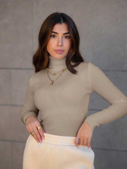 Hitanina 基础款高领罗纹针织毛衣（不含项链），长袖套头衫，秋冬季款