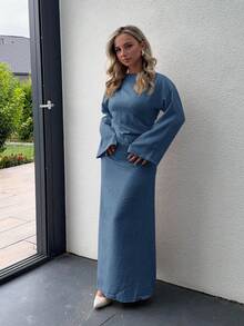 Jeta Ari Women's Elegant Ruched Flare Sleeve Solid Color Fitted Dress, Spring/Autumn Winter Party Evening Dress Blue - Blue - View 4