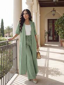 Auveirra Women's Elegant, Casual, Commuting, Vacation, Simple, Solid Color Long Cardigan Jacket And Loose-Fitting Straight-Leg Trousers Two Pieces Set Four - Green - View 6