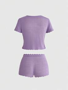 ROMWE Bộ đồ nữ gồm áo croptop ren hoa 3D ôm sát và quần short cạp thấp, kiểu dáng Island Hottie. - Màu tím - Xem 7