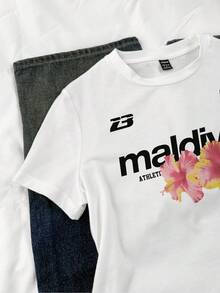 SHEIN Attitoon Áo thun nữ tay ngắn cổ tròn dáng ôm, in chữ và họa tiết hoa nhiệt đới, phong cách thường ngày, thích hợp cho mùa hè. - trắng - Xem 10