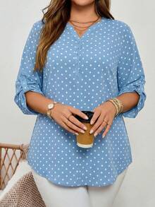 EMERY ROSE Áo kiểu nữ cỡ lớn họa tiết chấm bi, cổ chữ V, tay xắn, thích hợp cho mùa thu. - Màu xanh nhạt - Xem 3