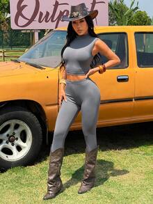SHEIN EZwear Grey Solid Stand Collar Tank Top And Leggings Slim Fit Set - Dark Grey - View 3