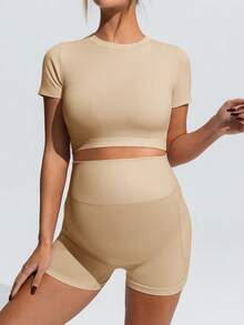 SHEIN Top y shorts deportivos de unicolor y manga corta para uso diario casual de maternidad - Caqui - Ver 4