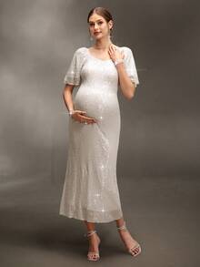 Cheriluna Maternity 孕妇写真礼服，荷叶边袖，心形领，收腰设计，鱼尾裙摆，亮片装饰长裙 - 銀色 - 查看 4