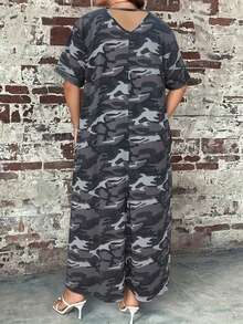 INAWLY 夏季女大碼偽裝印花V領短袖口袋長款休閑裙 - 灰色 - 查看 2